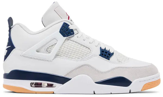 Nike SB x Air Jordan 4 Retro SP 'Navy' sneakers, white leather with grey suede overlays and navy accents.