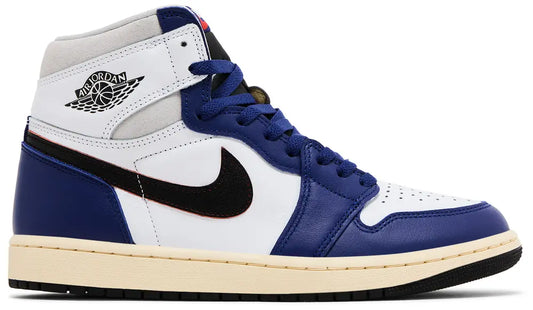 Air Jordan 1 Retro High OG sneakers in deep royal blue colorway with white leather base, black swoosh, and muslin outsole.