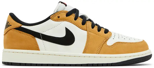 Air Jordan 1 Retro Low OG 'Rookie of the Year' 2025 sneakers, earth-tone leather upper, black Swoosh, low-profile design.