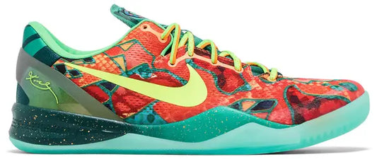 Kobe 8 Protro 'What The Kobe' 2025 sneakers with vibrant multi-color design, mismatched mesh uppers, and Nike branding.