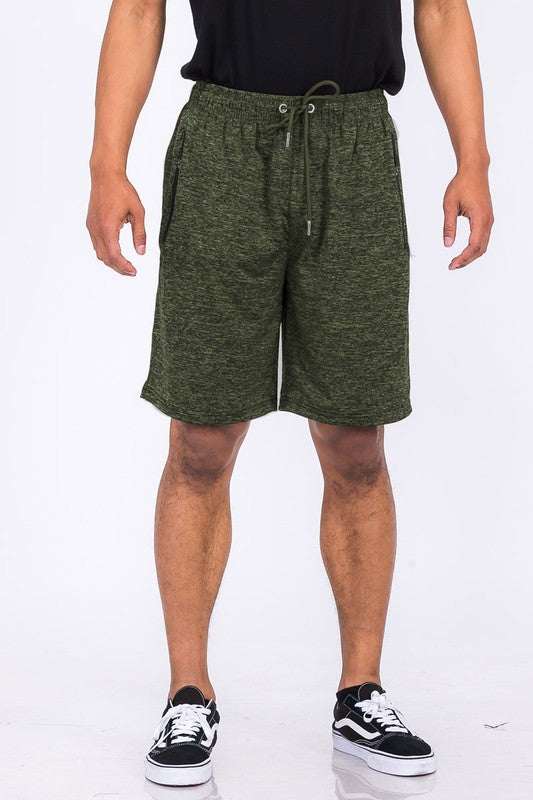 Weiv Marbled Active Running Shorts with elastic waist and zippered pockets.