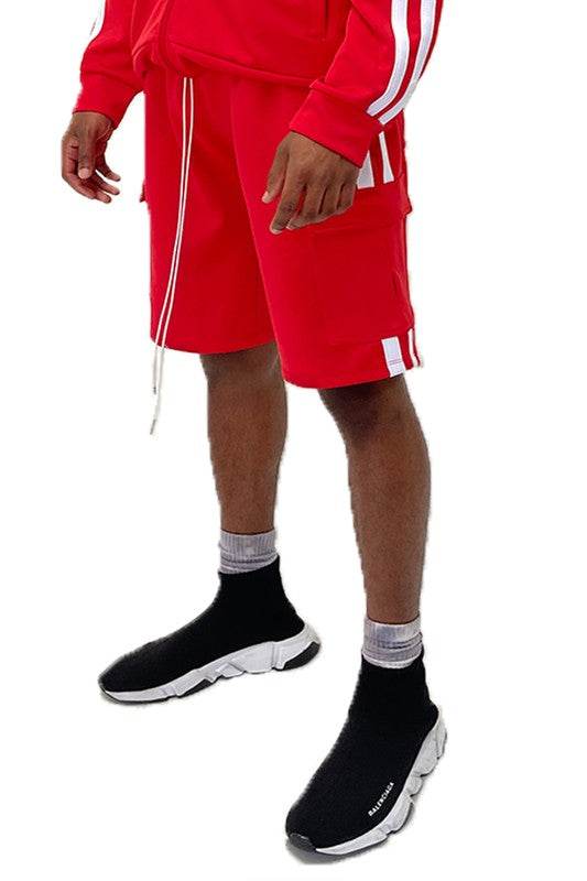 Two Stripe Cargo Pouch Shorts with elastic waist and side pockets.