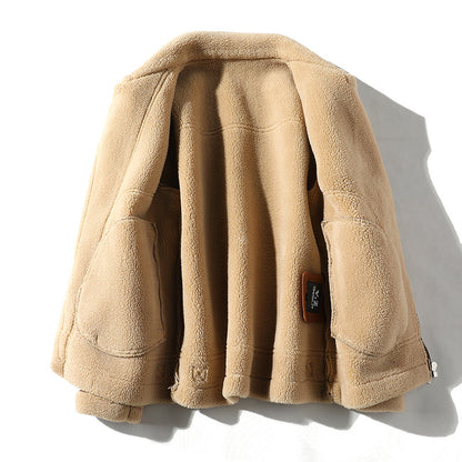 Women's Camel Fleece-Lined Padded Lapel PU Leather Plus Size Coat
