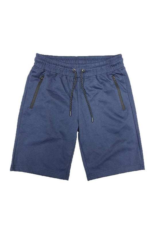 Cotton blend lounge sweat shorts with elastic waist, drawstring, and zipper pockets.