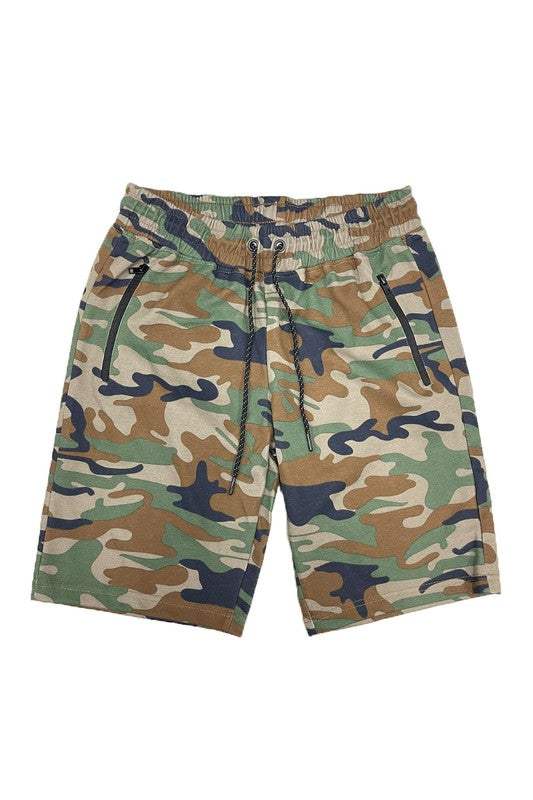 Camouflage cotton blend lounge sweat shorts with elastic waist and zipper pockets.