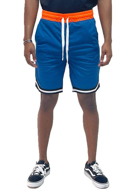 Solid athletic basketball sports shorts with elastic waist and drawstring.