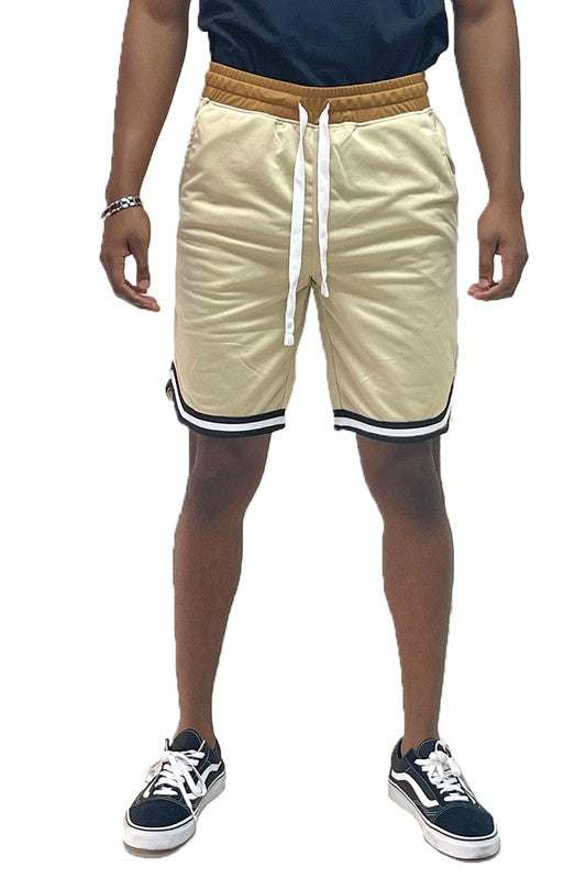 Solid athletic basketball sports shorts with elastic waist, drawstring, and pockets.