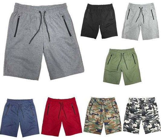 Cotton blend lounge sweat shorts with elastic waist, drawstring, zipper pockets, and Velcro back pocket in various colors and patterns.