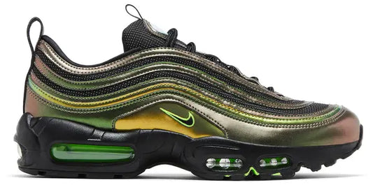 Air Max 95/97 'University of Oregon - Storm' sneakers with metallic green-bronze overlays, reflective mesh, and neon accents.