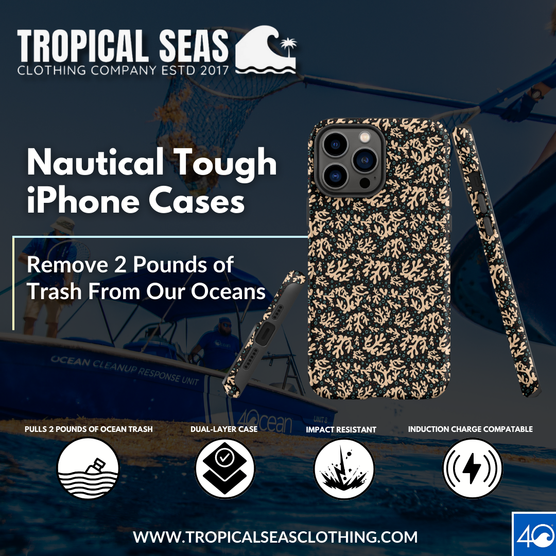 Nautical Black Coral Reef Tough Case for iPhone with dual-layer protection, impact-resistant polycarbonate shell, and TPU lining, featuring ocean cleanup initiative.
