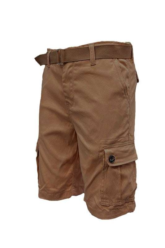 Weiv Mens Belted Cargo Shorts with buckle closure belt and buttoned side pockets.