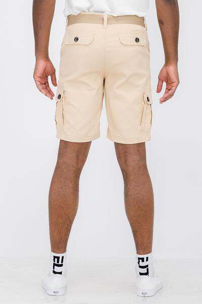 Weiv Mens Belted Cargo Shorts in tan, knee-length with pockets and belt.