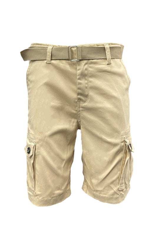 Weiv Mens Belted Cargo Shorts with belt, beige, knee-length, multiple pockets, durable cotton blend.