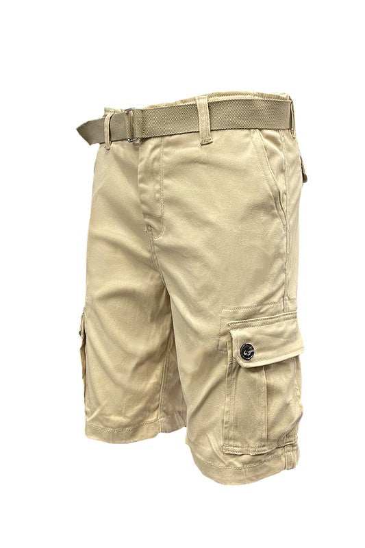 Weiv Mens Belted Cargo Shorts with Belt, knee-length, side pockets, durable cotton-elastane fabric.