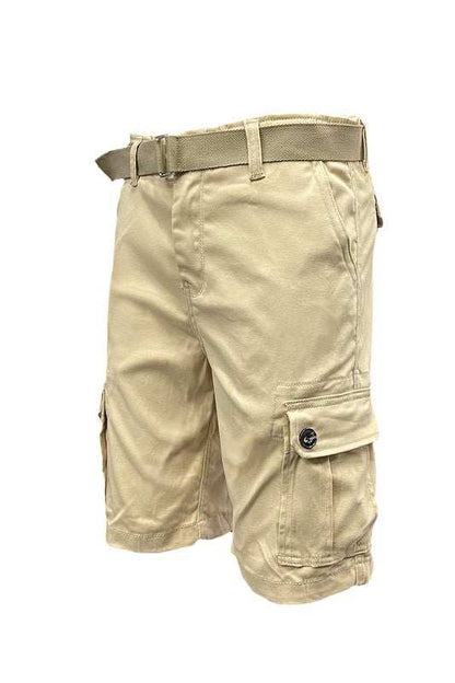 Weiv Mens Belted Cargo Shorts with Belt, knee-length, side pockets, durable cotton-elastane fabric.