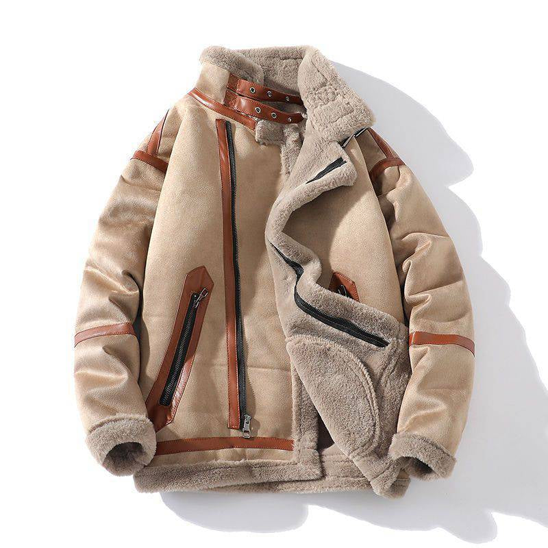 Women's Camel Fleece-Lined Padded Lapel PU Leather Plus Size Coat