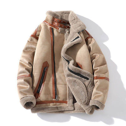 Women's Camel Fleece-Lined Padded Lapel PU Leather Plus Size Coat