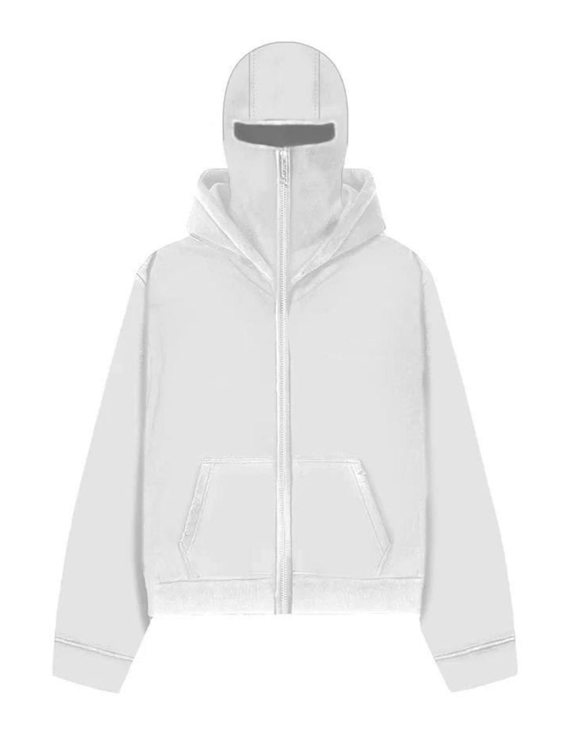 Men's zip up long sleeve hoodie with mask, pocketed, slightly stretchy, polyester-cotton blend.