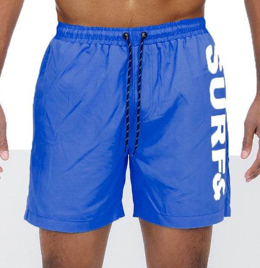 Surf&Beach Swim Trunks Board Shorts in blue with elastic waistband and "SURF" print on side.