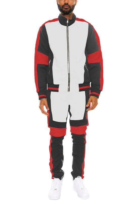 COLOR BLOCK TRACK SET featuring a full zip jacket and pants in a durable polyester-spandex blend, designed for style and functionality.