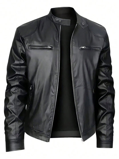 MENLL Leather Jacket Men's Business Casual Stand Collar Outerwear Warm
