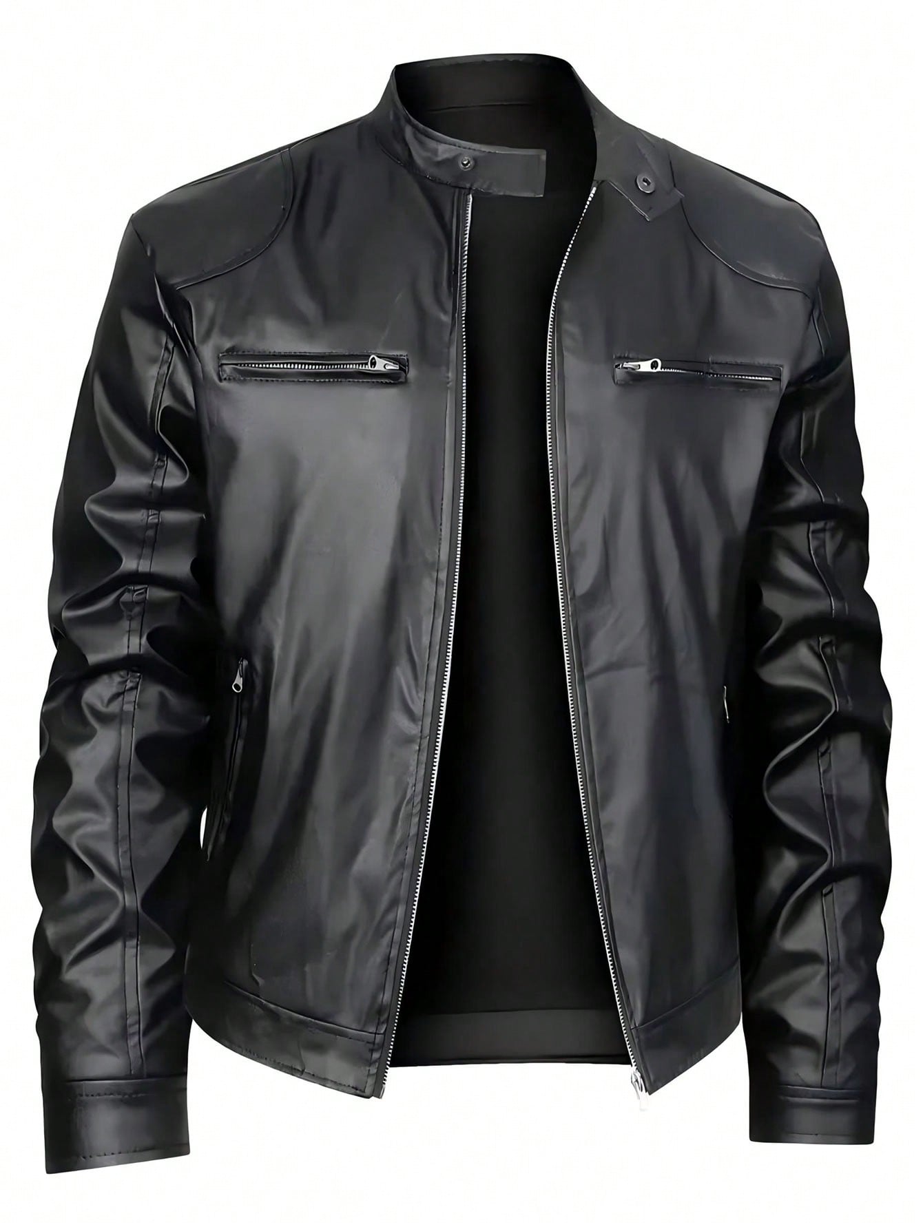 MENLL Leather Jacket Men's Business Casual Stand Collar Outerwear Warm