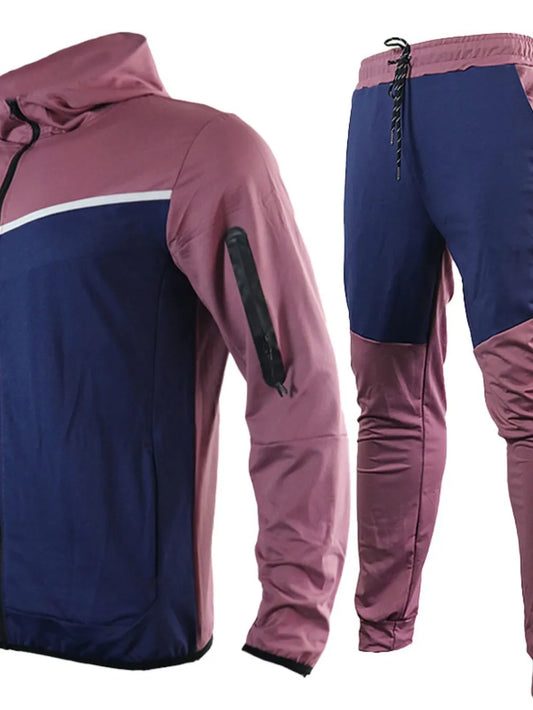 Men's full-size zip-up top and pants set in plum and navy, slightly stretchy polyester-cotton blend.
