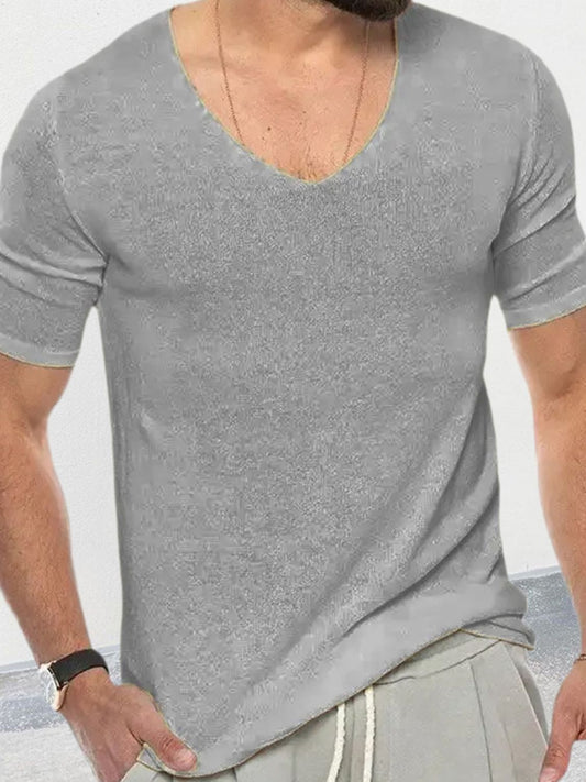 Men's V-Neck short sleeve T-shirt, slightly stretchy, acrylic and polyester blend.