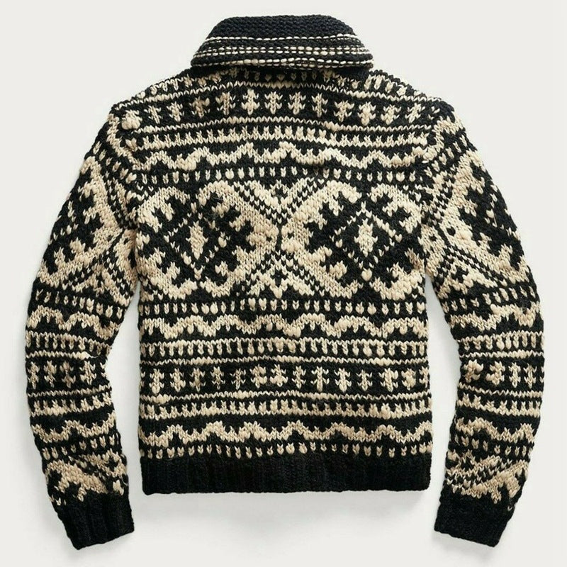 Men's Jacquard Knit Jacket Lapel Long Sleeve Jacket Sweater