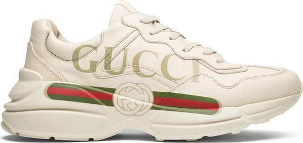 Gucci Rhyton leather sneaker for men in ivory with oversized vintage logo and chunky sole.