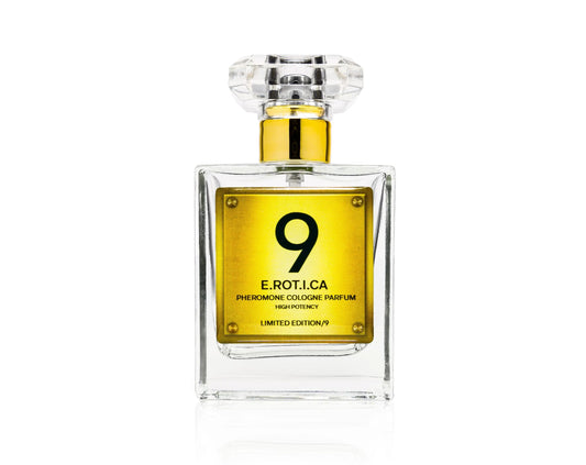 EROTICA HIGH POTENCY Pheromone Cologne bottle with clear glass design and gold label.