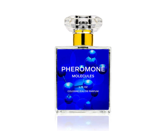 Pheromone Molecules high potency cologne bottle with blue label.