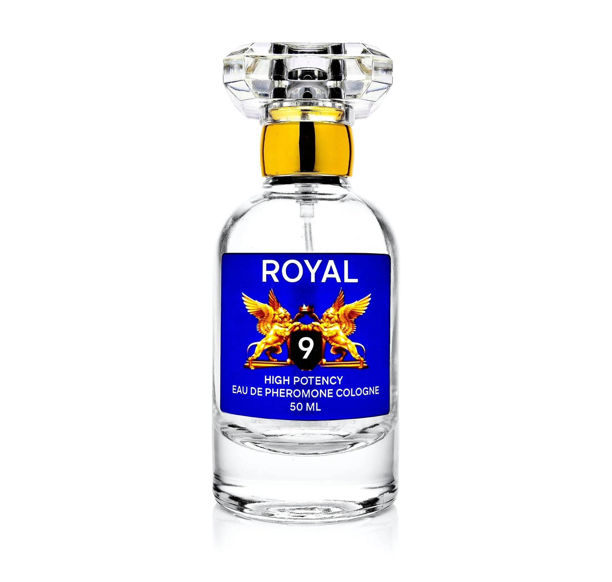 ROYAL FRENCH HIGH POTENCY PHEROMONE COLOGNE bottle with blue label and gold accents.