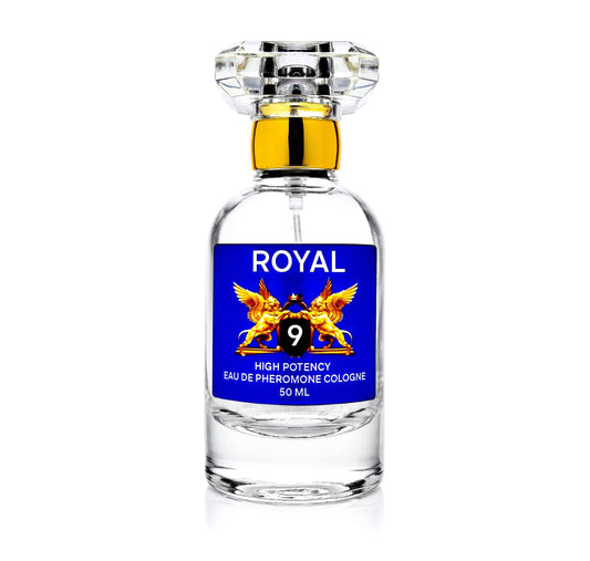 ROYAL FRENCH HIGH POTENCY PHEROMONE COLOGNE bottle with blue label and gold accents.