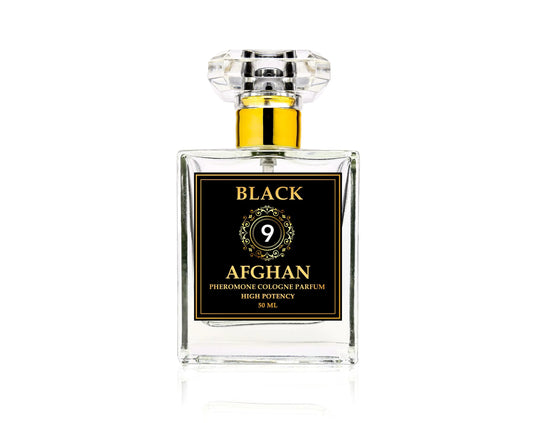Black Afghan High Potency Pheromone Cologne bottle with gold accents.