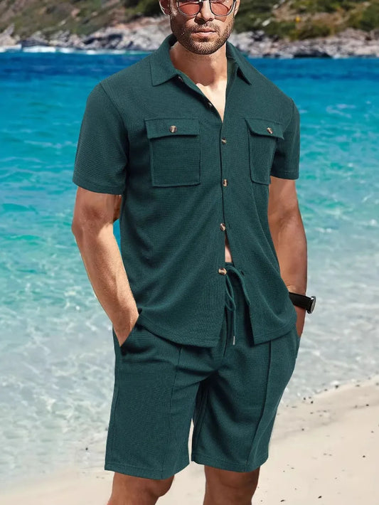 Men's full size button down short sleeve top and shorts set in dark green, featuring a comfortable fit and slightly stretchy 100% polyester material, perfect for casual beachwear.