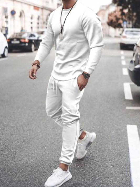 Men's full size round neck long sleeve top and pants set, plus size.