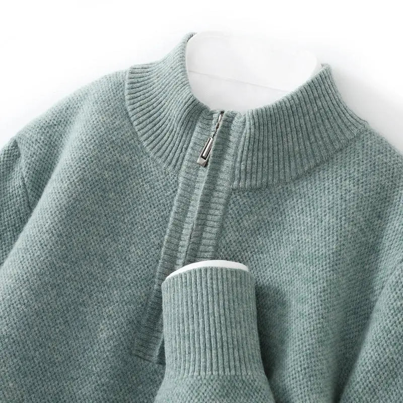 Mens Honeycomb Knit Zip Up Sweater Mid Length Thickened Warmth For Middle Aged Men Casual Wear - MENLL