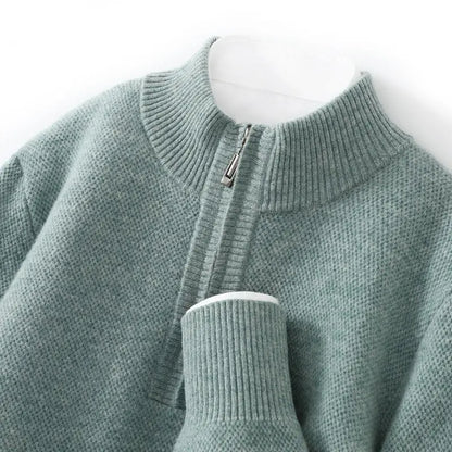 Mens Honeycomb Knit Zip Up Sweater Mid Length Thickened Warmth For Middle Aged Men Casual Wear - MENLL