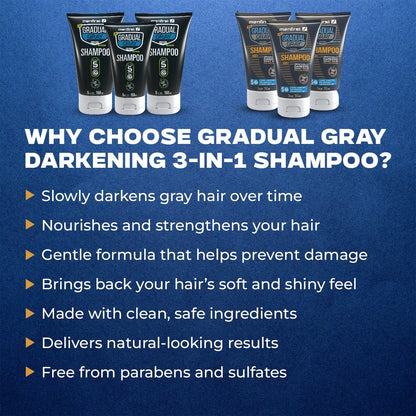 Menfirst Gradual Gray - Good Bye Gray Hair- 3-in-1 Shampoo + Beard Wash & Darkening Pomade - 3 Pack Bundle Menfirst