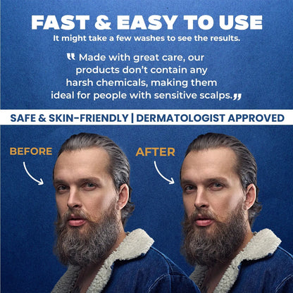 Menfirst Gradual Gray - Good bye Gray Hair - 3-in-1 Shampoo + Conditioner + Beard Wash & Darkening Pomade - 4 Pack Bundle Menfirst