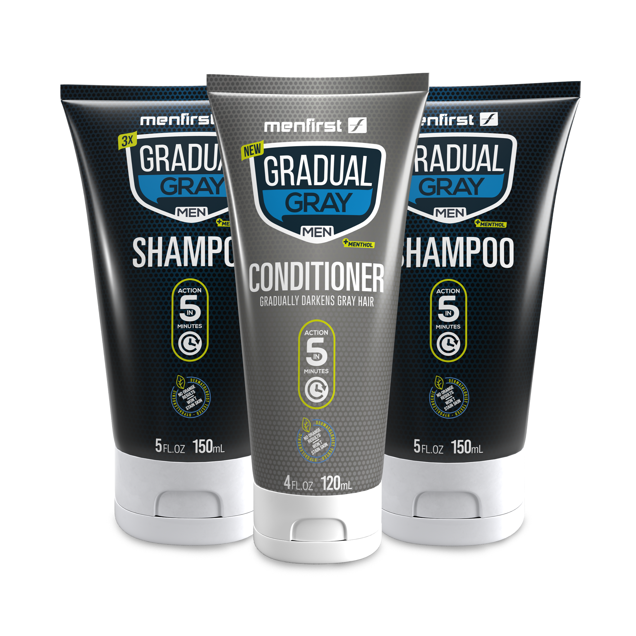 Menfirst Gradual Gray 3-in-1 shampoo and conditioner set for gradual darkening of gray hair, sulfate and paraben-free.