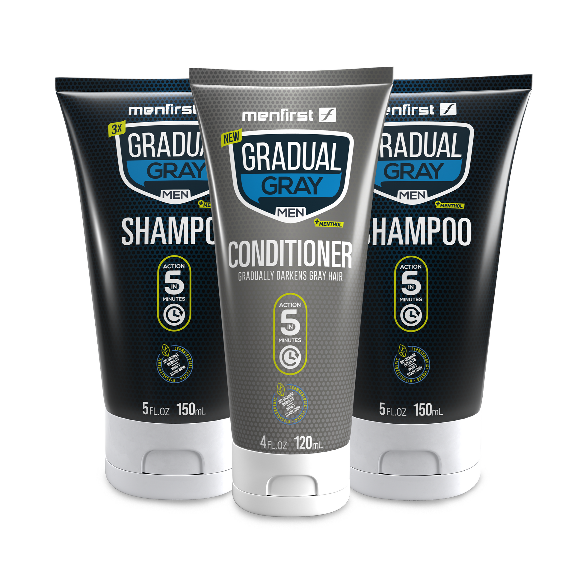 Menfirst Gradual Gray - Good bye Gray Hair - 3-in-1 Shampoo x2 & Conditioner - 3 Pack Bundle - MENLL