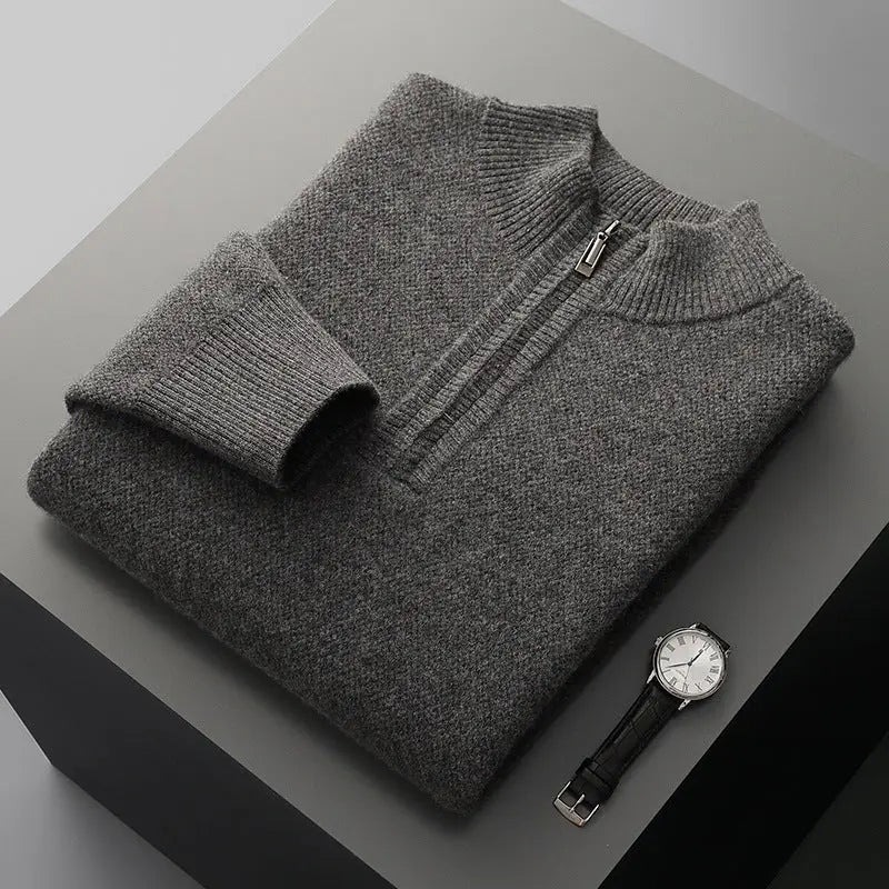Mens Honeycomb Knit Zip Up Sweater Mid Length Thickened Warmth For Middle Aged Men Casual Wear - MENLL