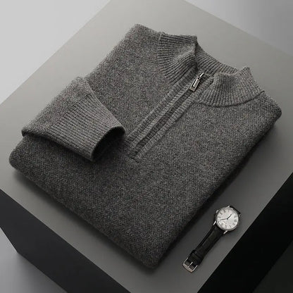 Mens Honeycomb Knit Zip Up Sweater Mid Length Thickened Warmth For Middle Aged Men Casual Wear - MENLL