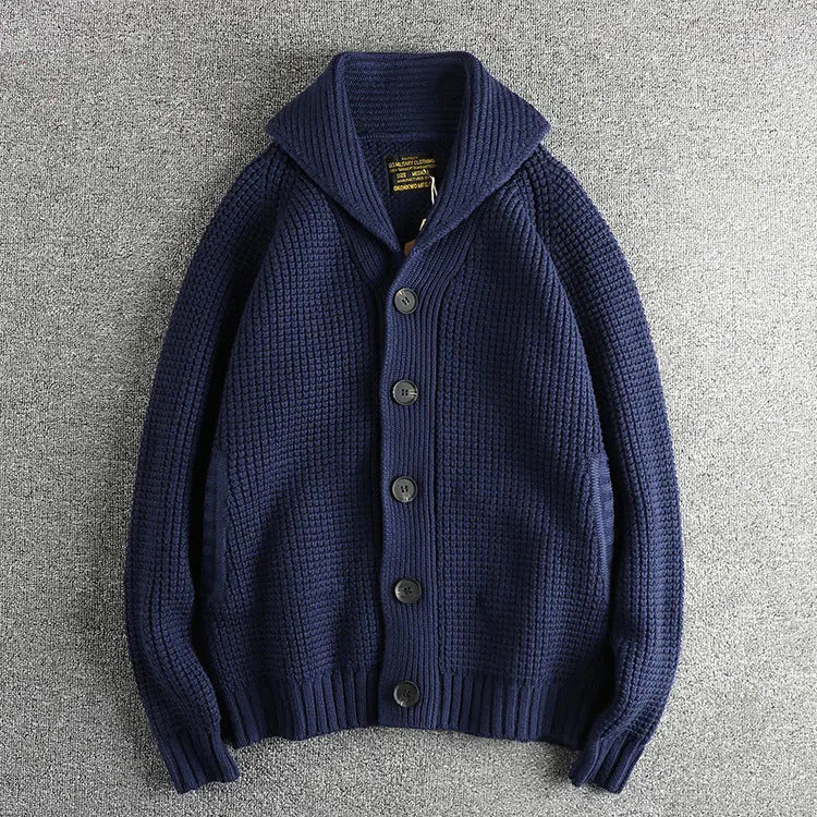 Men's Vintage Wool Cardigan Sweater, Loose Fit Knit, Sapphire Blue, Cozy Casual Wear - MENLL
