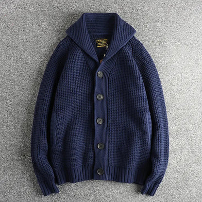 Men's Vintage Wool Cardigan Sweater, Loose Fit Knit, Sapphire Blue, Cozy Casual Wear - MENLL