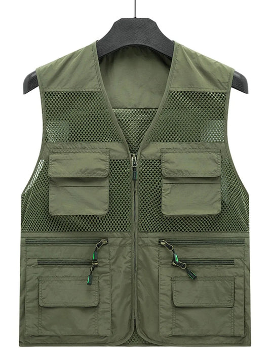 Men's Plus Size Zip Up Mesh Vest in green with pocket detailing.