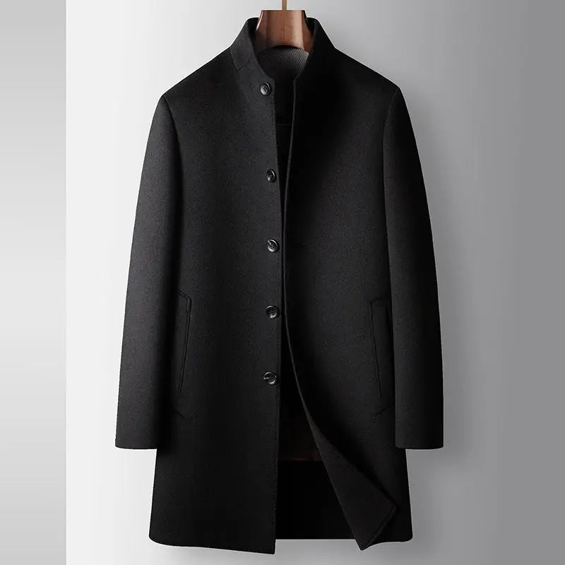 Men's Handmade Wool Coat With Stand Collar, Slim Fit, Extra Thick Warmth for Young Adults - MENLL