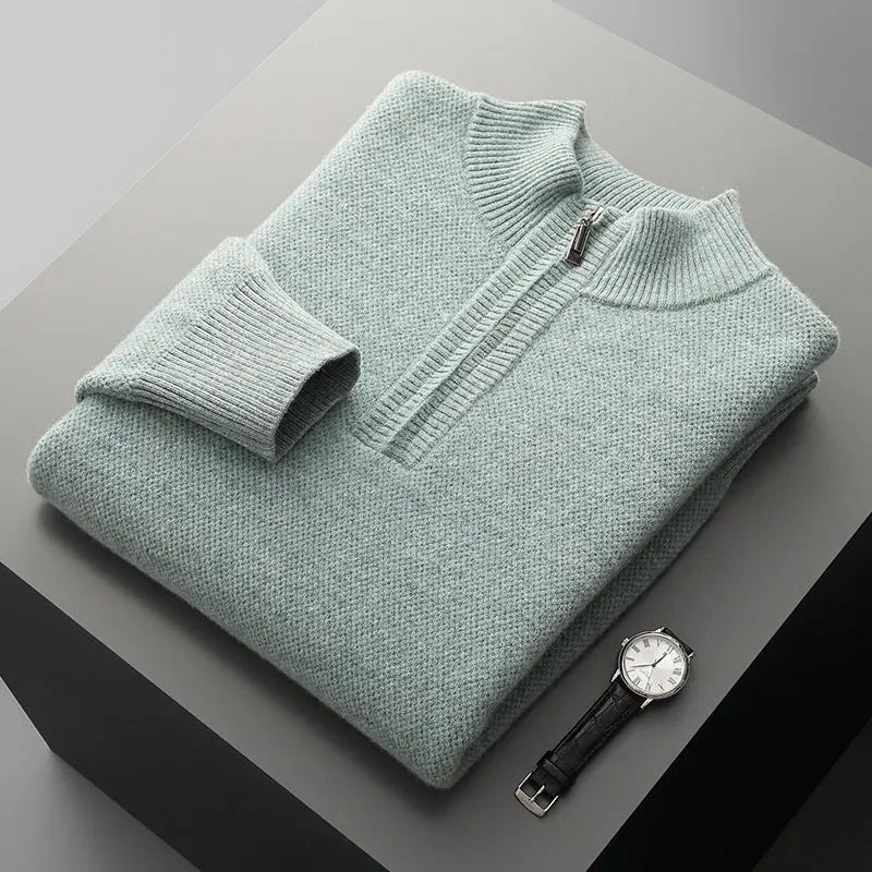 Mens Honeycomb Knit Zip Up Sweater Mid Length Thickened Warmth For Middle Aged Men Casual Wear - MENLL